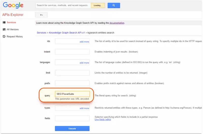 Click vào Google's Knowledge Graph Search API nhập tên hoặc thương hiệu của bạn vào Query, và chọn Execute